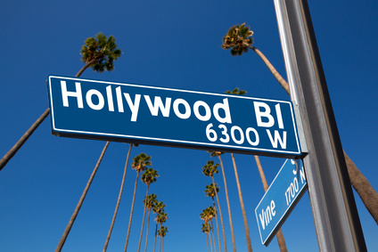 Hollywood Boulevard with  sign illustration on palm trees